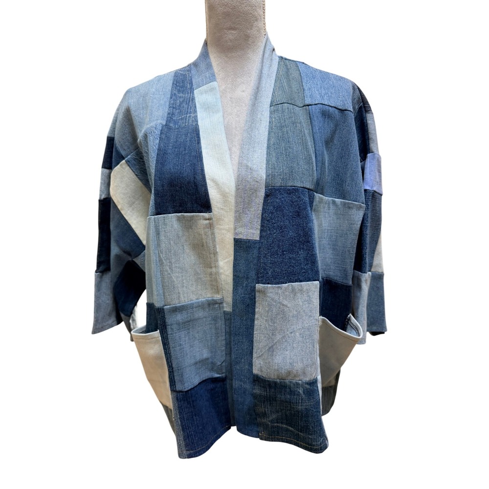 Shannon Passero Patchwork Denim Kimono Jacket Blue O/S Cotton Open Front Pockets